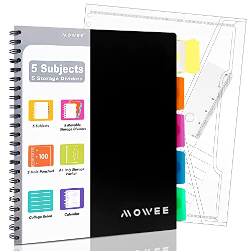 Spiral Notebook - 5 Subject Notebook, College Ruled Notebook 3-Hole Punched With Dividers, Storage Pockets, 11" Ruler, 200 Pages, for Writing Journal, Home &Office, School Supplies（Black） - color: Black, size: 1 Pack