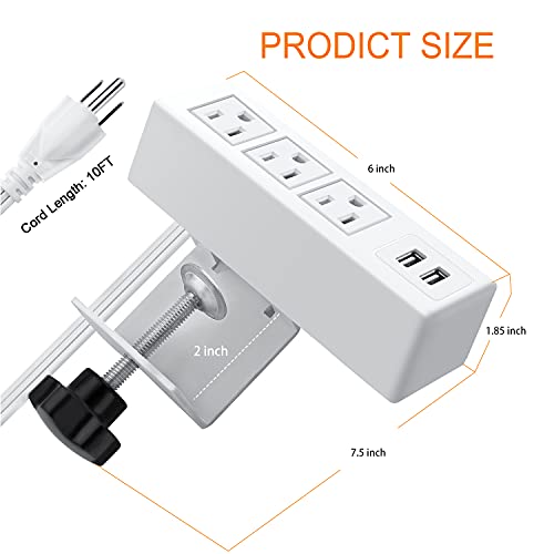 3 Outlet Desk Clamp Power Strip, Desktop Power Strip with USB Ports, Desk Mount USB Charging Power Station, on Desk Edge Power Outlet 125V 12A 1500W, 10 FT Desk Outlet Strip. (White) - color: White, size: 10FT