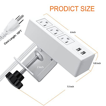 3 Outlet Desk Clamp Power Strip, Desktop Power Strip with USB Ports, Desk Mount USB Charging Power Station, on Desk Edge Power Outlet 125V 12A 1500W, 10 FT Desk Outlet Strip. (White) - color: White, size: 10FT