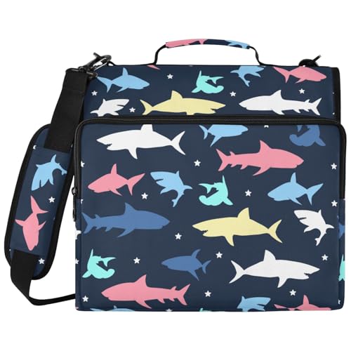 Zipper Binder Colorful Shark Fish Pattern Bag with Shoulder Strap 3 Ring Binder Organizer Large Capacity Multiple Pockets for School Office - color: Multicolor Shark