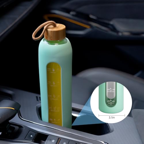 Sursip 32 oz Glass Water Bottle, Time Marker with Silicone Sleeve & Lid | 1 Liter BPA-Free Motivational Bottle, Leak-Proof Dishwasher Safe - color: Milky White