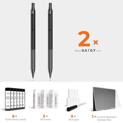 Four Candies 2PCS 0.5mm & 0.7 mm Metal Mechanical Pencils Set, 360PCS Lead Refills, 12 Erasers, Cool Lead Pencil with Case for School Writing, Sketching, Technical Work, Art Projects, Black - color: Black