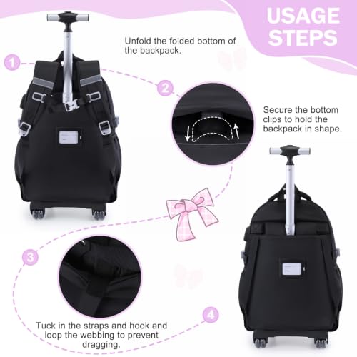 Bevalsa Rolling Backpack for Girls, Roller Backpack with Wheels, Cute Bow Wheeled School Bookbag Set with Lunch Bag & Pen Case, Suitcases for Kids Teens Elementary Middle Student (Black Purple) - color: Black Purple