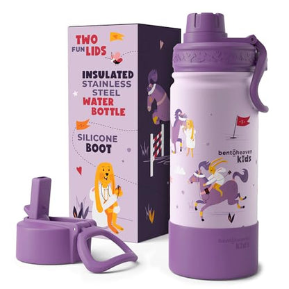 Bentoheaven Kids Water Bottle Stainless Steel for Boys & Girls, Purple | Reusable 17 oz insulated metal tumbler with 2 lids (chug and straw), leakproof design, silicone boot for school and sports. - color: Mauve