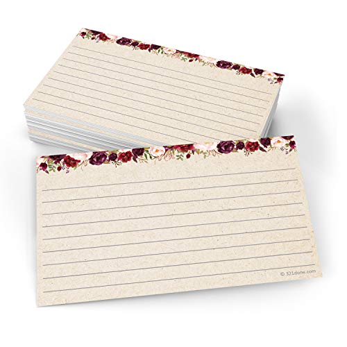 321Done Ruled Note Cards, Floral 3x5 Thick Index Cards - Kraft Tan Card Stock, Notecards & Stationery with Lines for Writing, Stamping - Made in USA, Set of 50 - No Envelopes - color: Lines, size: Small (3 x 5)