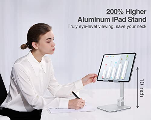 elitehood Aluminum iPad Stand, Adjustable Tablet Holder for Desk, Desktop Tablet Stand Dock for iPad Pro 12.9 11, Air Mini 4 5 and More 4-13.5 inches Tablets, Silver - color: Silver