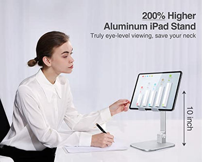 elitehood Aluminum iPad Stand, Adjustable Tablet Holder for Desk, Desktop Tablet Stand Dock for iPad Pro 12.9 11, Air Mini 4 5 and More 4-13.5 inches Tablets, Silver - color: Silver