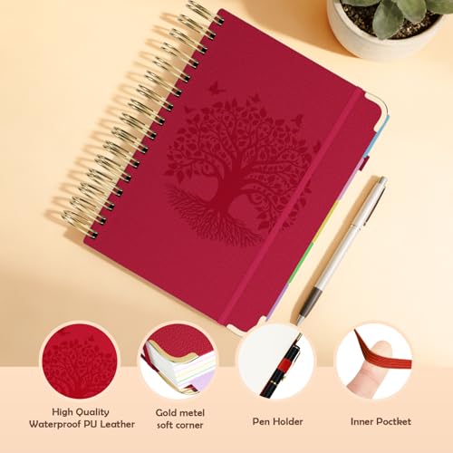 QIYVLOS Hardcover Spiral Notebook, B5 Journal with Removable Dividers Tabs, 5 Subject Notebook College Ruled, 320 Pages 8"x10" Leather Notebooks for Work School Study, Lined Journal for Women, Red - color: B5/Red