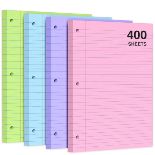 400 Sheets Pastel Colored Filler Paper Set, College Ruled, 8" x 10.5" Three-Hole Punched, Compatible with 3-Ring Binders, Includes Pink, Purple, Blue, Green - color: 4 Colors