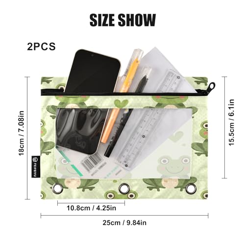 SUABO Frog Pencil Pouch for 3 Ring Binder, 2 PCS Binder Pencil Pouch with Zipper, Clear Window Zipper Pencil Case Pencil Bags for Office Supplies - color: Frog