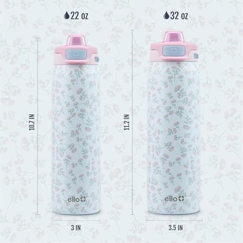 Ello Pop & Fill Insulated Stainless Steel Water Bottle with Quick Fill Lid, Leakproof Locking, Sip or Chug Spout, BPA-Free, Double Wall Vacuum Insulated for Sports, Travel & School- 22oz / 32oz / 40oz - color: Serene Blooms, style: 32oz