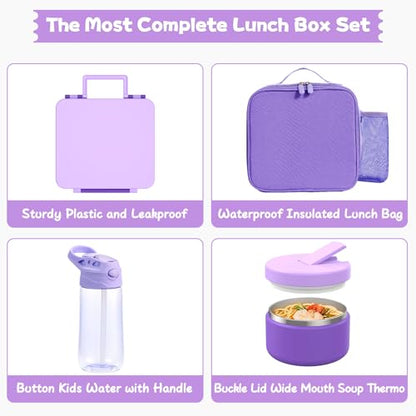 Kids Bento Lunch Box with 8oz Soup Thermo, Water Bottle, Kids Leakproof Lunch Food Containers with 4 Compartment, Insulated Hot Food Jar with Lunch Bag for School, Trvael (Purple) - color: Purple