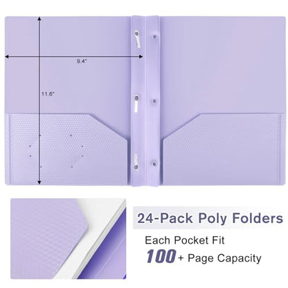 24-Pack Plastic andPockets and Prongs,2-Pocket and3 Fasteners, Pastel Folders Holds 8-1/2" x 11" Paper for School/Office/Home, Purple - color: Light Purple, size: 24-Pack