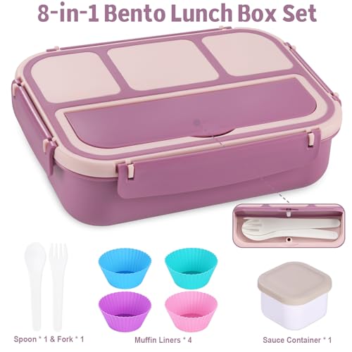 shell and turtle Bento Box Adult Lunch Box, Lunch Containers for Kids Girls Boys with 4 Compartments, Lunchable Food Container with Utensils, Sauce Jar, Muffin Liners, 40 Oz/5 Cup, Dark Purple - color: Dark Purple