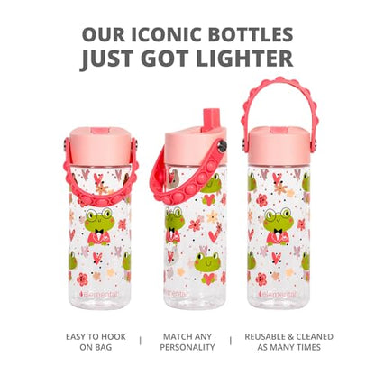 Elemental Leak Proof Water Bottles for Kids - Splash Kids Water Bottle for School with Pop-it Handle - Tritan Plastic Water Bottle with Straw - Fancy Frog Clear & Rose - 18oz (2 Pack) - color: Duo - Clear Frog / Rose