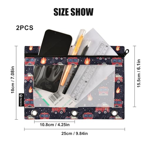Fire Fighting Truck Binder Pouches 3 Ring for Boys Girls School Office College Supplies Cars Doodle Pattern Pencil Pouches Case Bag with Clear Window and Zipper 2 Pack - color: Fire Truck