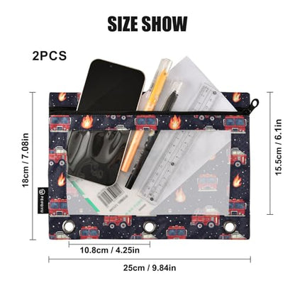 Fire Fighting Truck Binder Pouches 3 Ring for Boys Girls School Office College Supplies Cars Doodle Pattern Pencil Pouches Case Bag with Clear Window and Zipper 2 Pack - color: Fire Truck