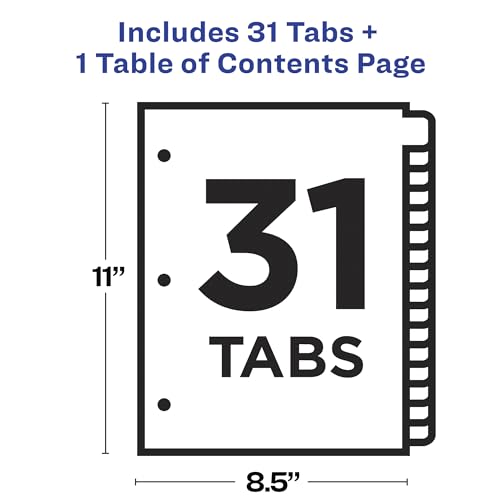 Avery 1-31 Dividers for 3 Ring Binders, 31 Tabs per Set, Customizable Table of Contents, Classic White Tabs, Great for Organizing Reports, Projects, and More (11128) - size: One Size, style: 1 Set
