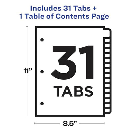 Avery 1-31 Dividers for 3 Ring Binders, 31 Tabs per Set, Customizable Table of Contents, Classic White Tabs, Great for Organizing Reports, Projects, and More (11128) (Pack of 12) - size: One Size (Pack of 12), style: 1 Set