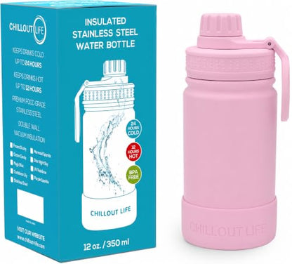 CHILLOUT LIFE 12oz Kids Insulated Stainless Steel Water Bottle with Leak Proof Spout Lid & 144 Stickers - color: Blush Pink, style: 12 oz