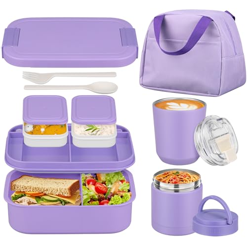 Large Bento Lunch Box Set for Adults Kids Women with 10.5oz Soup Thermo,Coffee Tumblers Men Girls Boys Teenagers Leak-Proof Lunch Food Containers with Lunch Bag - color: Purple