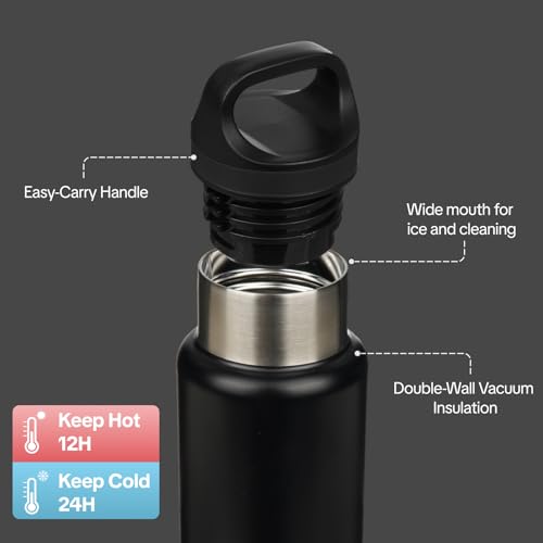 BJPKPK Insulated Water Bottle 18OZ Stainless Steel Water Bottle with Handle Double Walls Vacuum Insulated BPA Free Flask, Black - color: Black, size: 18 Ounces