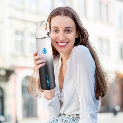 SENDESTAR Stainless Steel Wide Mouth Water Bottle 24oz Double Wall Vacuum Insulated Leak Proof Bottle with New Flex Straw Lid & Spout Lid - color: Day&Night-A, size: 24 Ounces