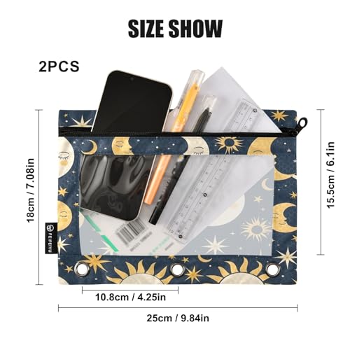 SUABO Sun Moon and Star Pencil Pouch for 3 Ring Binder, 2 PCS Binder Pencil Pouch with Zipper, Clear Window Zipper Pencil Case Pencil Bags for Office Supplies - color: Sun Moon