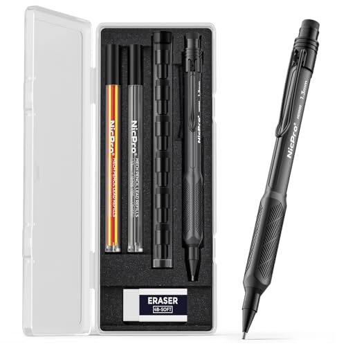 Nicpro 1.3mm Weatherproof Mechanical Pencil Set, HD1000 Metal Mechanical Pencils Heavy Duty Pencil for Outdoor All Weather Marking Drafting Drawing with 25 Lead Refills, Erasers, Case (Black) - color: Black, size: 1 Pack