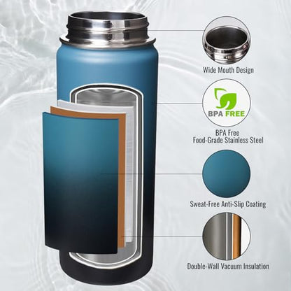 Fijinhom Insulated Water Bottle with Handle, 304 Stainless Steel Water Bottles with Wide Mouth, Double Wall Vacuum Sports Water Bottle, BPA Free, Keep Cold and Hot, 18 Ounces, Blue&Black - color: Blue/Black, size: 18 Ounces