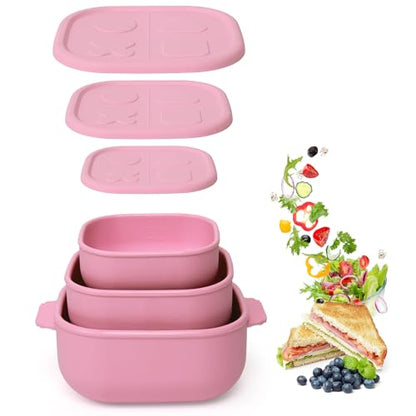 Silicone Bento Box ｜Food Grade & Leakproof Lunch Box Bento with Lids ｜3-Piece Space-Saving Nesting Kit Food Storage Containers Set (Pink) - color: Pink