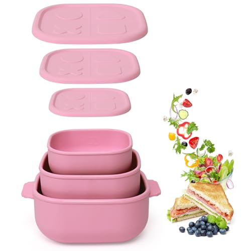 Silicone Bento Box ｜Food Grade & Leakproof Lunch Box Bento with Lids ｜3-Piece Space-Saving Nesting Kit Food Storage Containers Set (Pink) - color: Pink