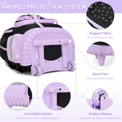 DIGOBAY Rolling Backpack for Girls, Cute Roller School Bag with Wheels, Kids Wheeled Backpacks Set with Lunch Bag Pencil Case for Teen Girls Kindergarten Elementary Middle School - color: Black-purple