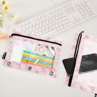 Binder Pencil Pouch for 3 Ring Binder Pencil Case Bags Pink Small Floral with Zipper Girls Clear Window 2 Pack - color: Pink Small Floral