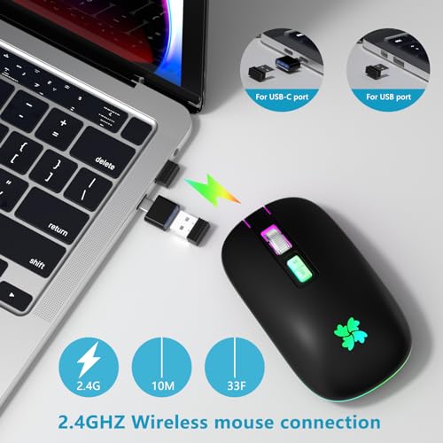 besky Wireless Rechargeable, Backlit LED Portable Silent Computer Mouse for Laptop, PC, MacBook, Chromebook, Notebook, 2.4G USB Cordless Mouse with USB-C Conversion Interface for iPad, Tablet