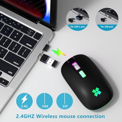 besky Wireless Rechargeable, Backlit LED Portable Silent Computer Mouse for Laptop, PC, MacBook, Chromebook, Notebook, 2.4G USB Cordless Mouse with USB-C Conversion Interface for iPad, Tablet