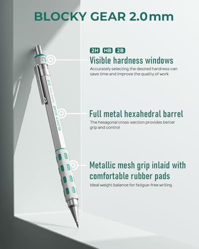 Nicpro 2.0 mm Mechanical Pencils Set, Metal Drafting Pencil with Case | HB 2B 2H 4B 4H Lead Refills, Erasers+9 Eraser Refill, Hexahedral Barrel, Mechanical Pencil Bulk, for Professional Sketching - size: 2.0 mm