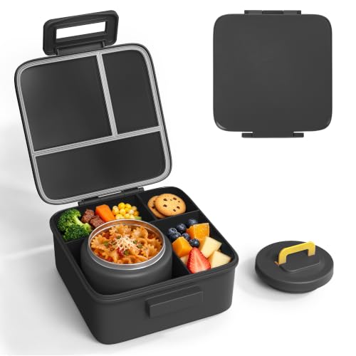 Bento Lunch Box for Kids with 8oz Thermo Containers for School,Camping | Vacuum Insulated Food Jar,Leakproof Silicone-Seal,5 Compartments with Dividers,Dishwasher & Refrigerator Safe,BPA-Free - color: Black