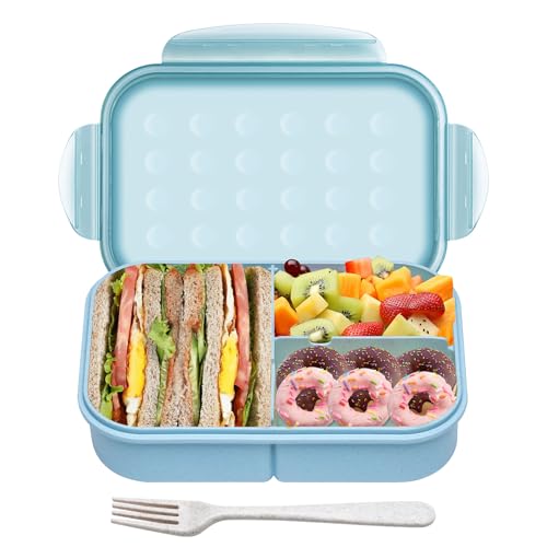 Itopor Bento Box for Kids & Adults, Lunch Box 46 oz, Pale Blue | Wheat straw material, BPA-free, leakproof, 3 compartments, microwave & dishwasher safe, for school, office & travel - color: Pale Blue
