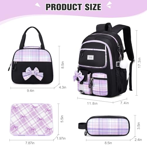 Bevalsa Backpack for Girls, Bow Bookpack with Bento Lunch Box, Insulated Bag & Utensils, 34oz Lunch Containers School Bags Set for Children Teens Kids Elementary Middle school Student (Black Purple) - color: Black Purple
