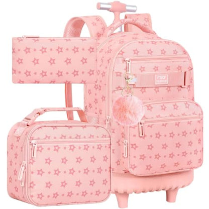 3Pcs Rolling Backpack for Girls Women, School Kids Roller Bookbag with Wheels, Wheeled Backpacks Set for Elementary (Pink) - color: Star Pink