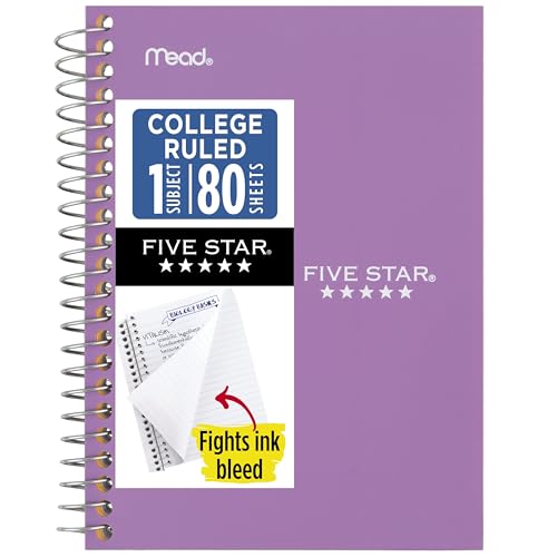 Five Star Spiral Notebook, 1 Subject, College Ruled Paper, 4-3/8" x 7", Personal Size, 80 Sheets, Fights Ink Bleed, Water Resistant Cover, Amethyst Purple (450048CF1-ECM) - color: Amethyst Purple