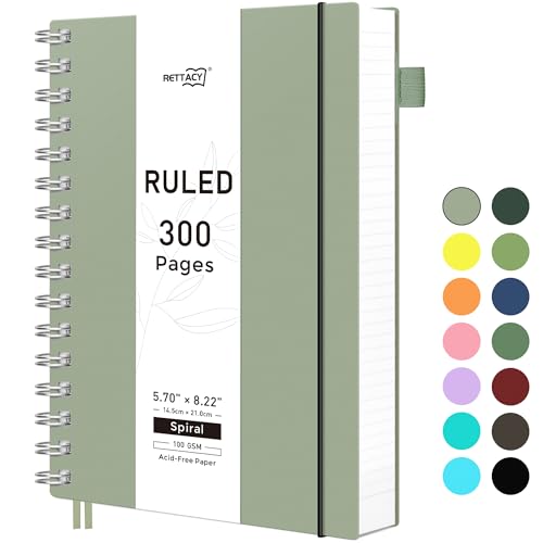 RETTACY Spiral College Ruled Notebook, 300 Pages, A5 Medium Size (5.7" × 8.2"), for School, Work, Writing, Journaling, 100 GSM Thick Paper, Flexible Plastic Cover (Light Green) - color: Light Green, size: 5.7" x 8.2"