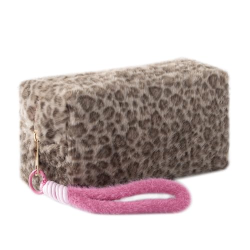 Leopard Print Plush Pencil Case with Wrist Strap Large Capacity Fluffy Pen Pouch for Students Cute Stationery Organizer Bag for School Portable Makeup Cosmetic Bag (Brown) - color: Brown