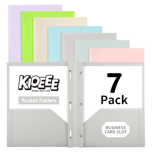 Folders with Pockets and Prongs,7 Pack Heavy Duty Plastic Pocket Folders with 3 Prongs and Business Card Slot,Fit Letter Size Paper,Assorted Color for Home,School and Office