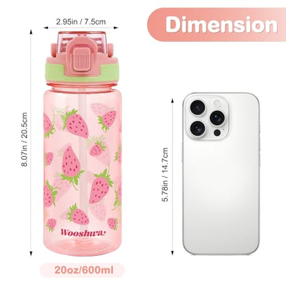 Kids Water Bottle for School, 20 Oz Plastic Straw Water Bottle with Silicone Spout and Leakproof Cover, Dishwasher Safe (Strawberry) - color: Strawberry, size: 20 Ounces