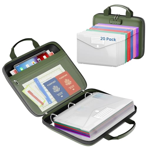 Binder Folders Organizer with 20 Pack Heavyweight Plastic Pockets,Fireproof File Folder Box with Lock,Zipper Binder Bag for Important Documents,Letter Size,Green - color: Green