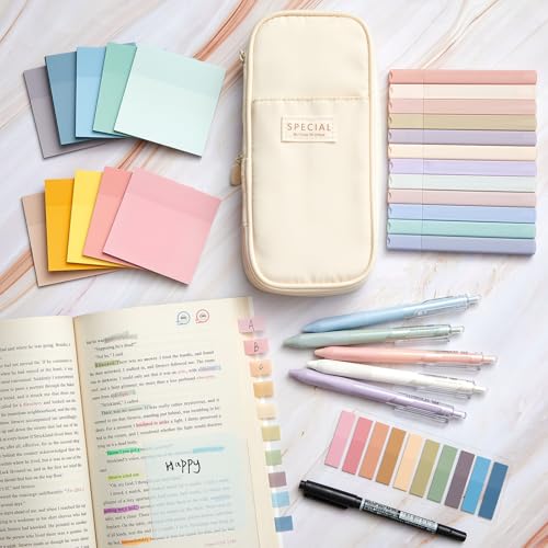 Jutom 39 Pcs Aesthetic Book Annotation Kit Highlighter with Case Bag Gel Pen Transparent Sticky Note Taking Bible Supplies(Cream,Cute Style) - color: Cream, style: Cute Style