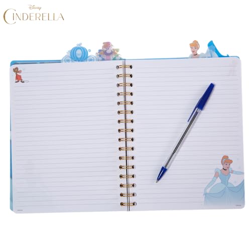 Disney Princess Cinderella Tab Journal, Spiral Notebook, Dividers, 8x7 Inch | Cinderella Vinyl Cover, 4 Tab Dividers, 96 Lined Pages, Disney Journal Notebook for School, Office, Work, Gifts, Girls, Cute - style: Cinderella