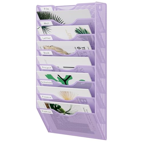 EasyPAG 8 Pocket Mesh Wall File Organizer, Hanging Paper Folder Holder with Classify Label, Vertical Wall Mount Mail Organizer for Office Home Classroom, Purple - color: Purple, size: 8 Tier